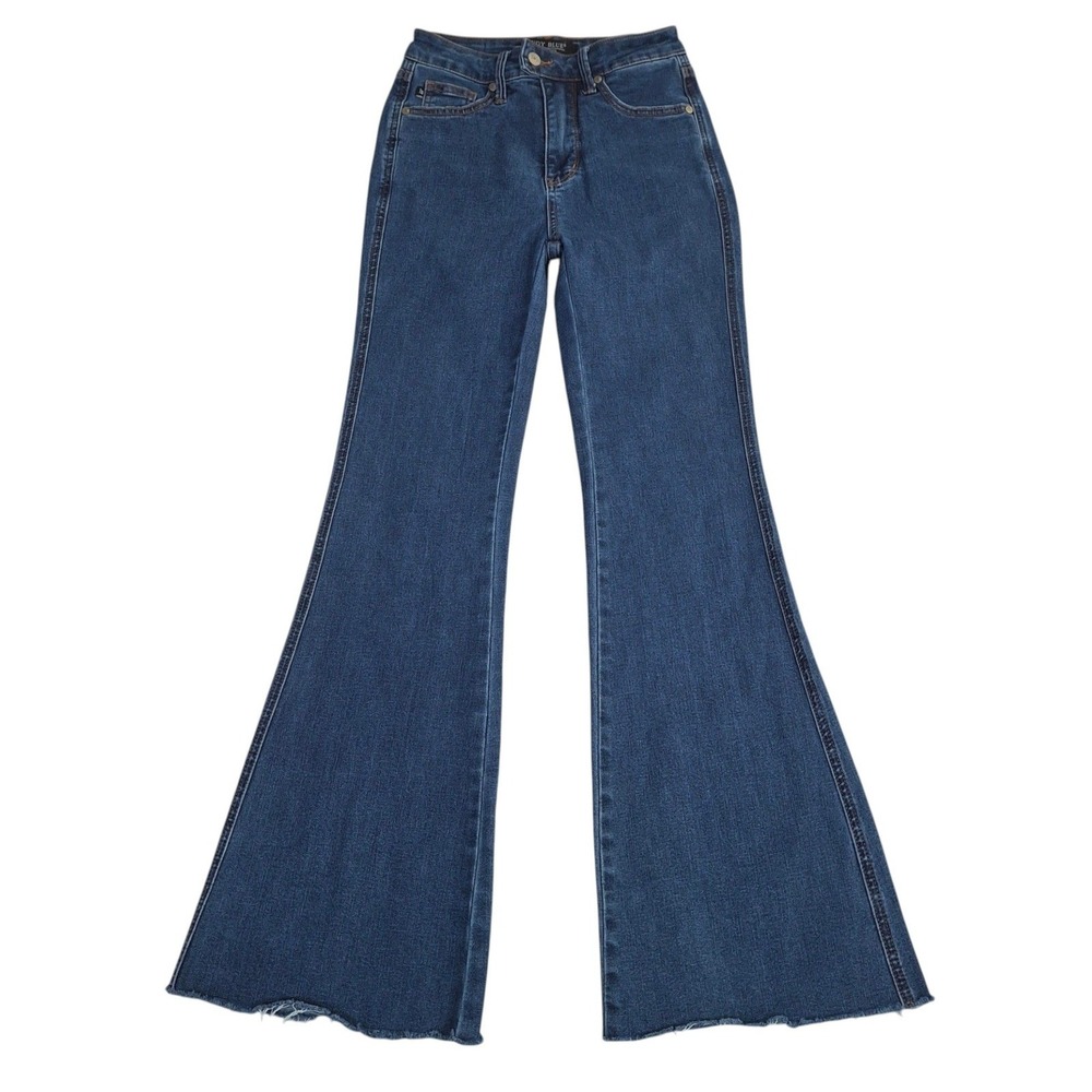 Judy Blue Flare Jeans Womens 1/25 Blue Medium Wash Raw Hem
